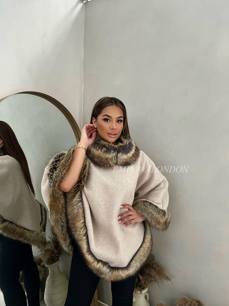 PHOENIX FUR TRIM PONCHO BEIGE (7991143661798)