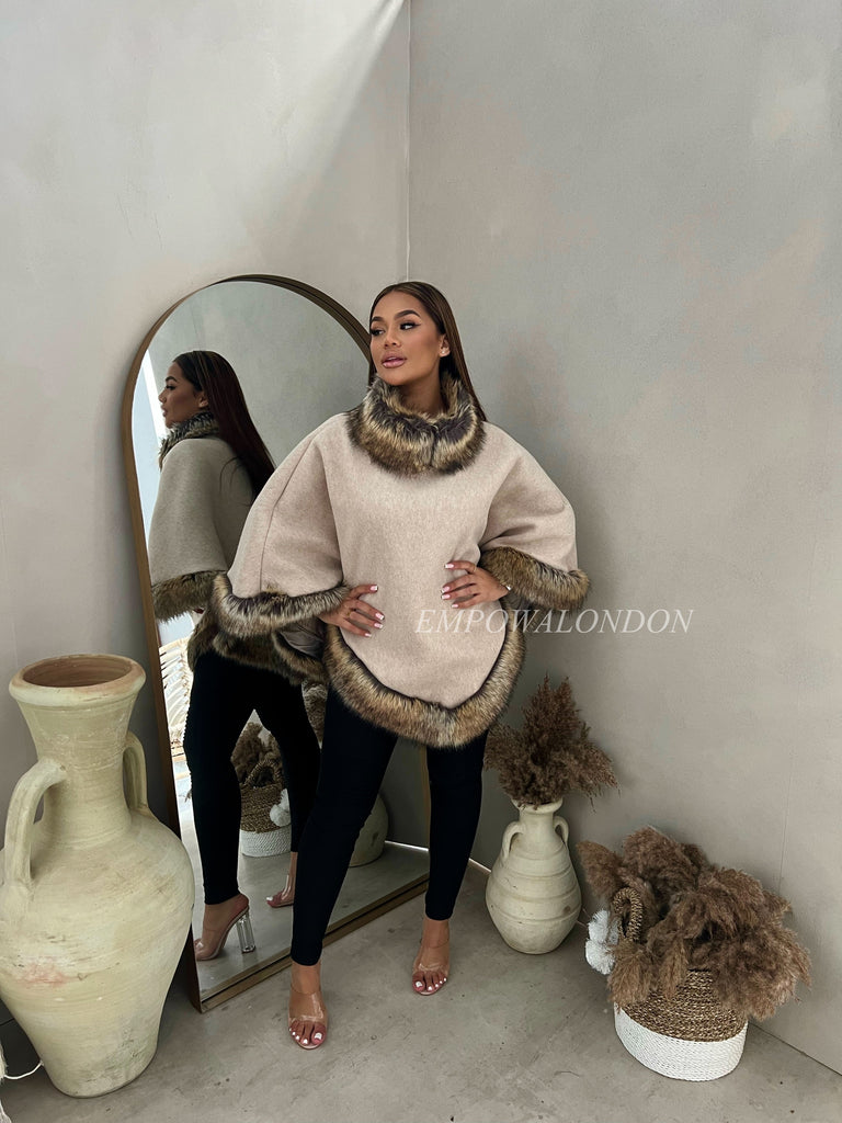 PHOENIX FUR TRIM PONCHO BEIGE (7991143661798)